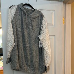 Torrid Gray and White Oversized Lace Sleeve Hoodie
